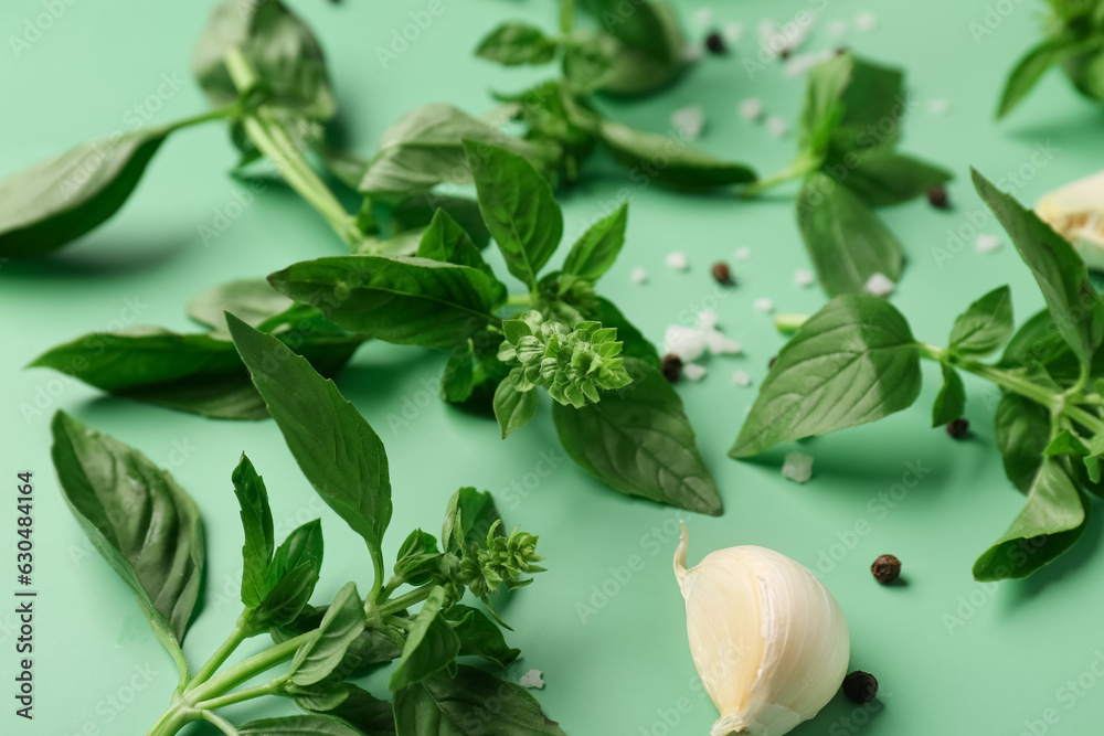 Composition with fresh aromatic basil and spices on color background, closeup