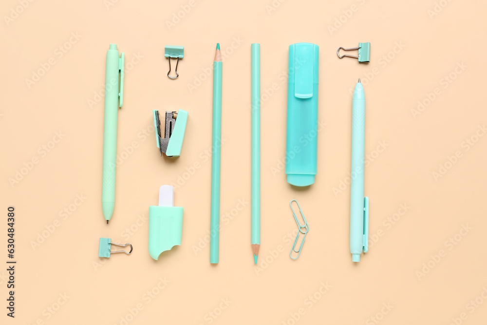 Set of bright stationery on color background