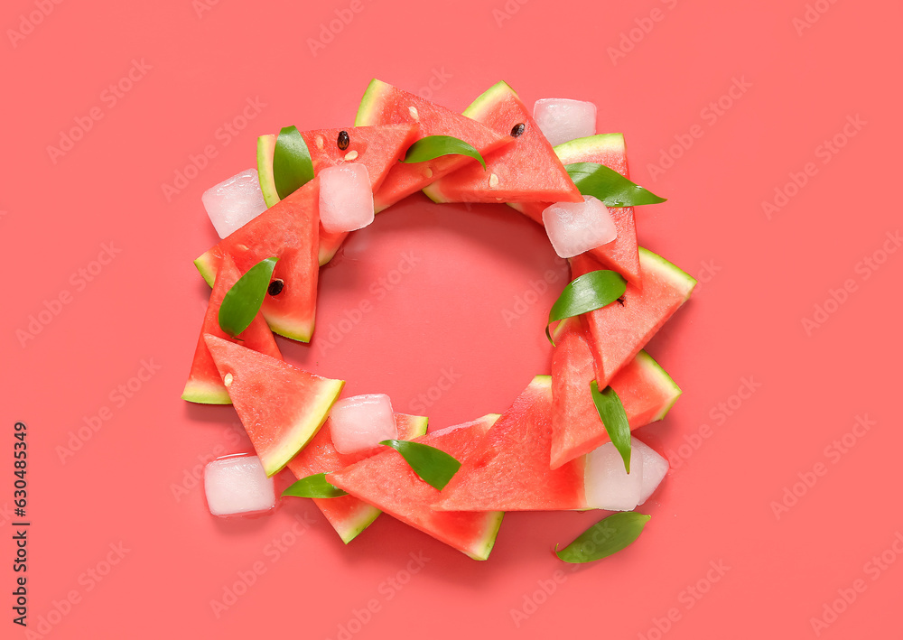 Frame made of fresh watermelon with leaves and ice cubes on red background