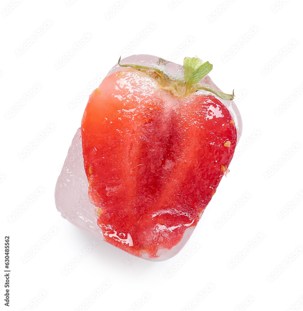 Frozen strawberry in ice cube on white background