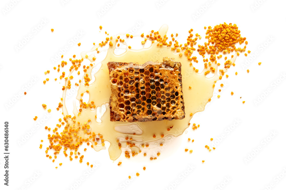 Sweet honeycomb and bee pollen on white background