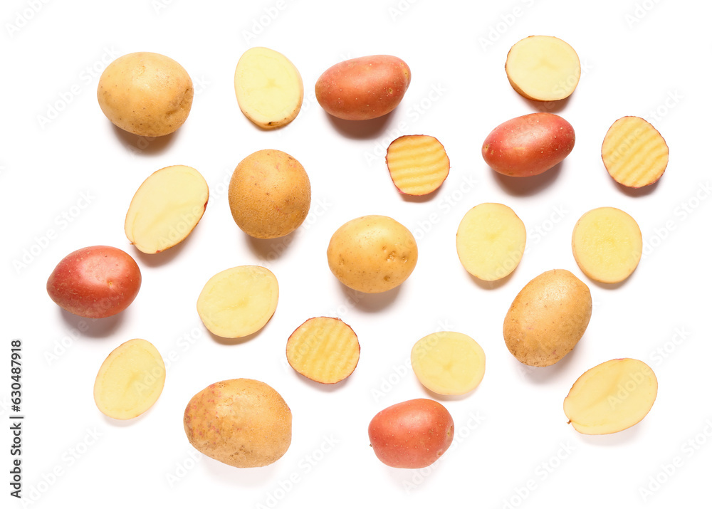 Fresh raw potatoes on white background