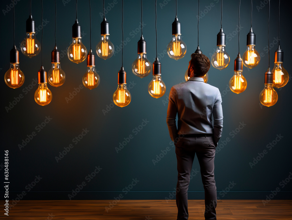 Businessman observing many lightbulbs hanging above, idea concept. Generative AI