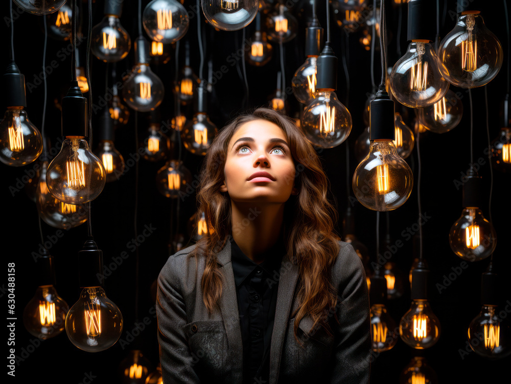 Image of woman looking at the light bulbs hanging over her, idea concept. Generative AI