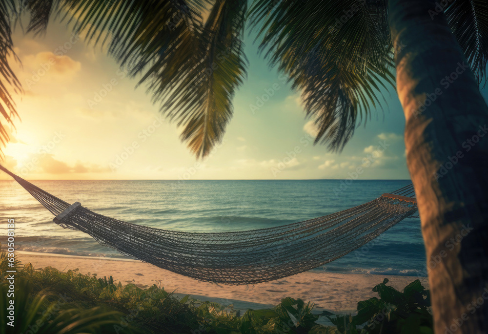 Hammock beetwin palm trees with beautiful view on the seashore beach at sunset.