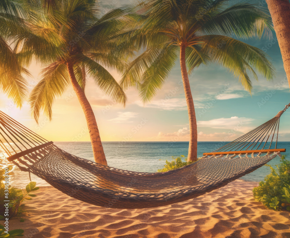 Hammock beetwin palm trees with beautiful view on the seashore beach at sunset.