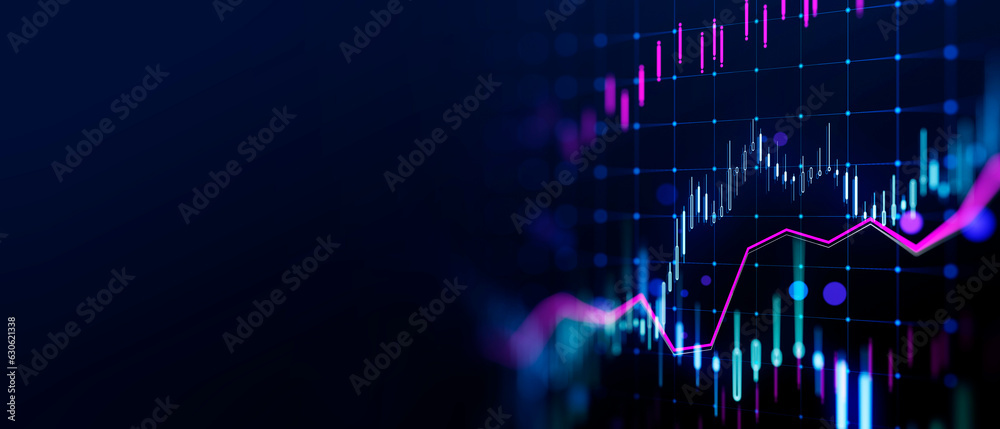 Glowing candlestick forex chart on blurry wide backdrop with mock up place. Technology, trade and fi