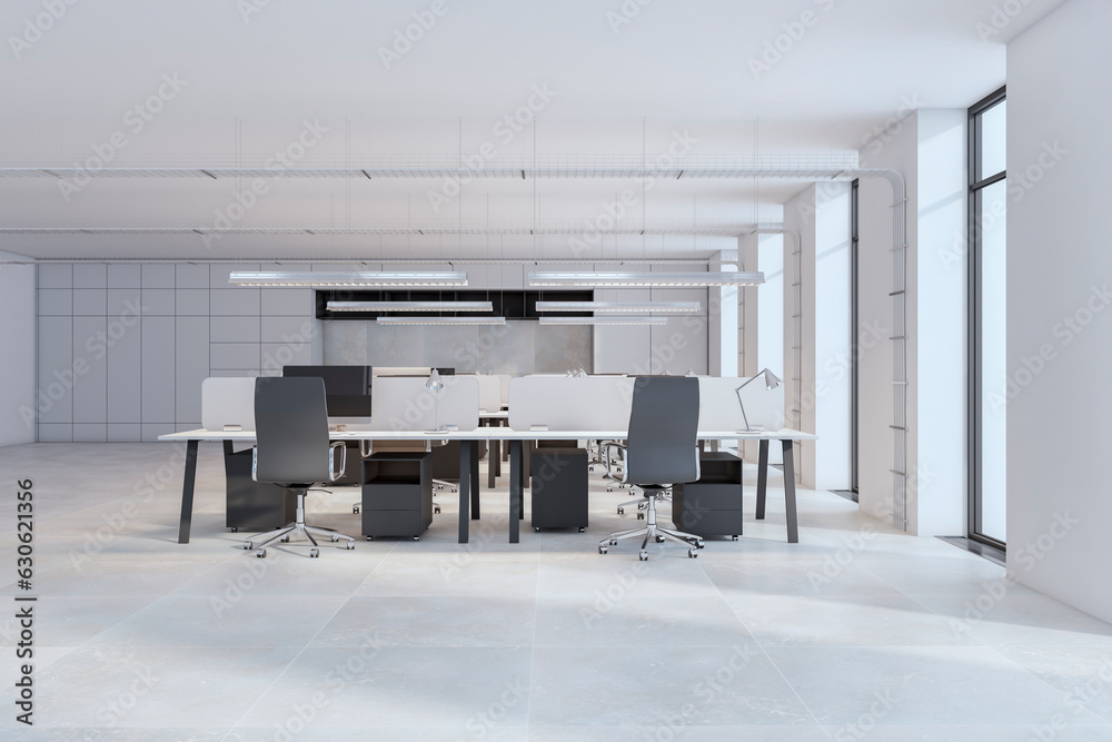 Clean white coworking office interior with window, daylight and furniture. 3D Rendering.