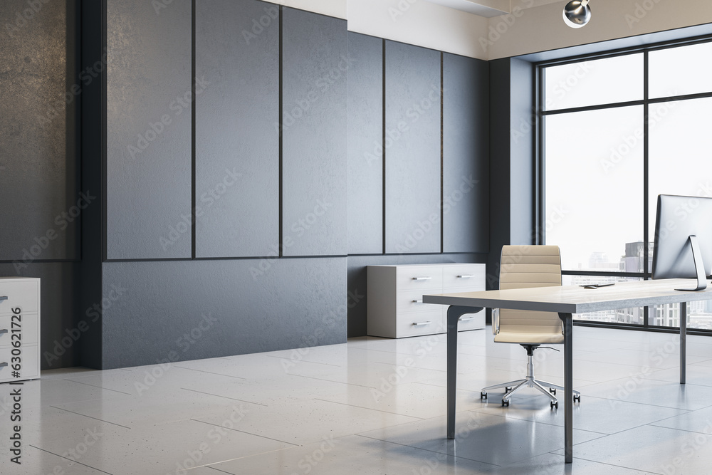 Bright concrete office interior with window, furniture, equipment and daylight. 3D Rendering.