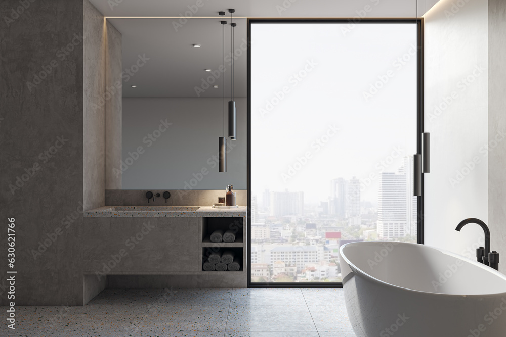 Luxury bathroom interior with bathtub, furniture panoramic window with city view. 3D Rendering.