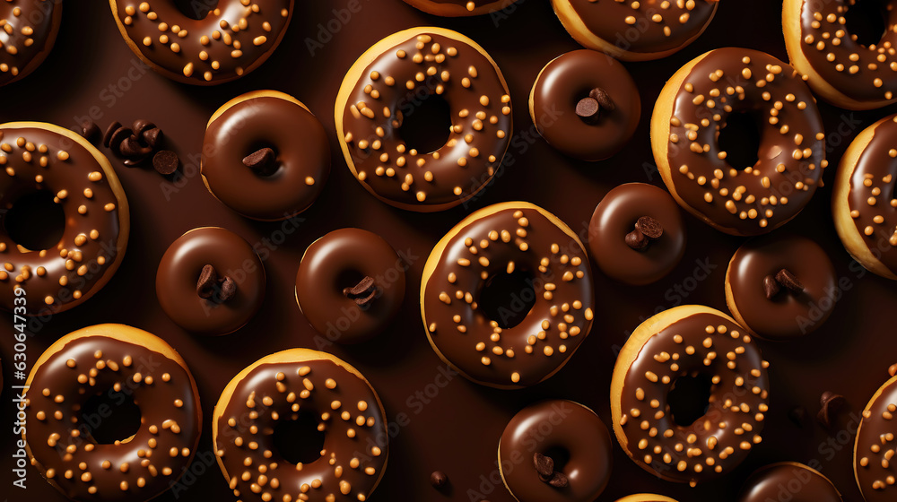 Donut with chocolate glaze background. Round american chocolate doughnuts. Generative AI