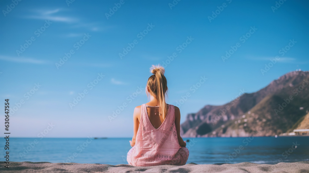 Woman meditating on the sea beach in lotus position. Generative AI