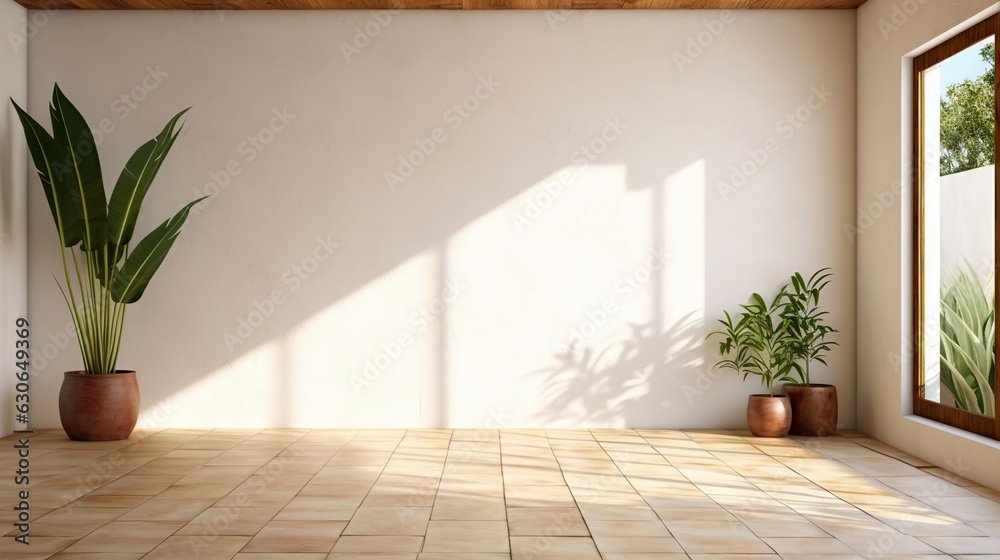 Empty room of modern contemporary loft with plants on wooden floor. Generative AI