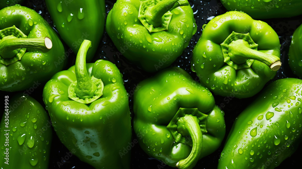 Fresh green bell peppers with water drops background. Vegetables backdrop. Generative AI