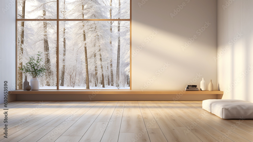 Empty room of modern contemporary loft with wooden floor and large windows to garden. Copy space. Ge