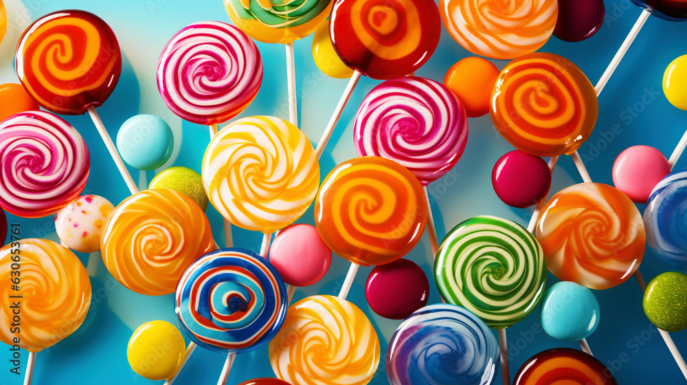 Colorful lollipop candies background. Top view. Generative AI