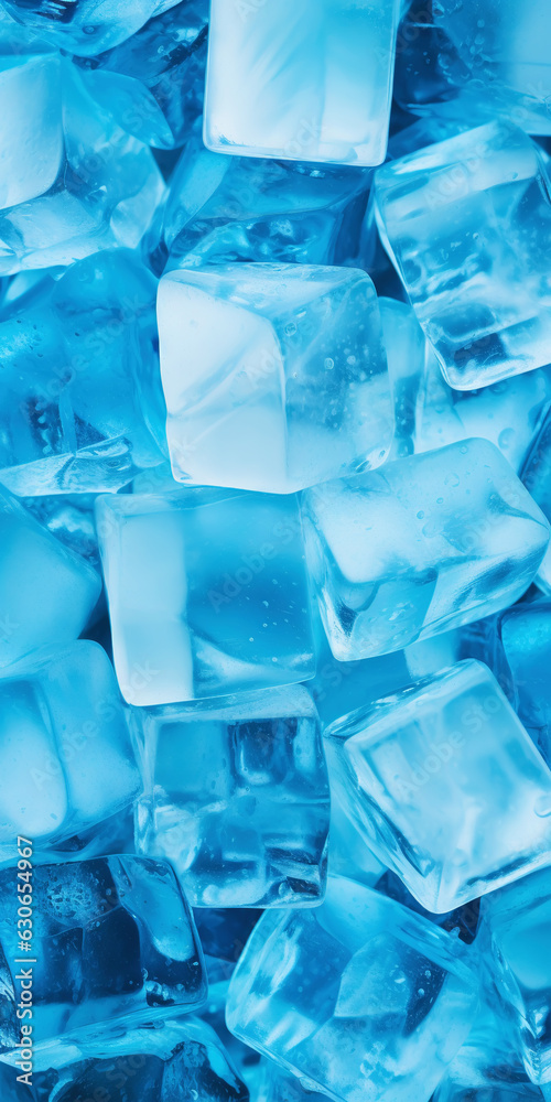 Ice cubes bluish background. Frozen water. Cold fresh concept. Generative AI