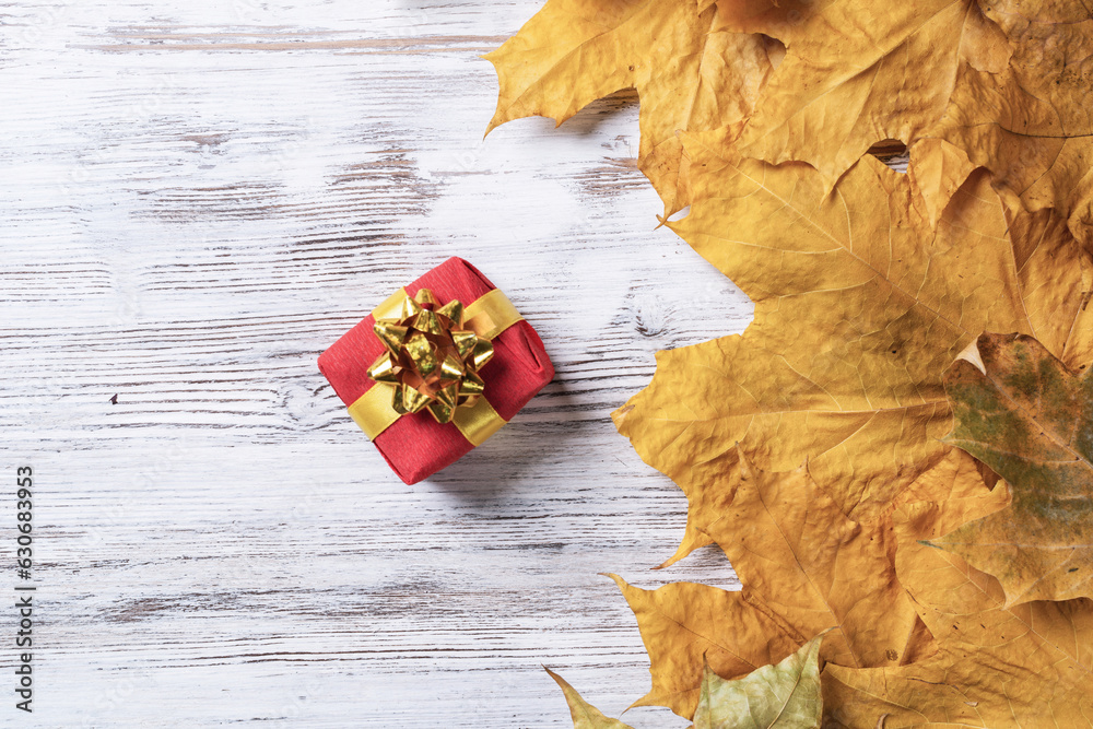 Bright autumn composition with gift box