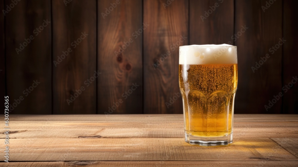 Cold beer glass on wooden background