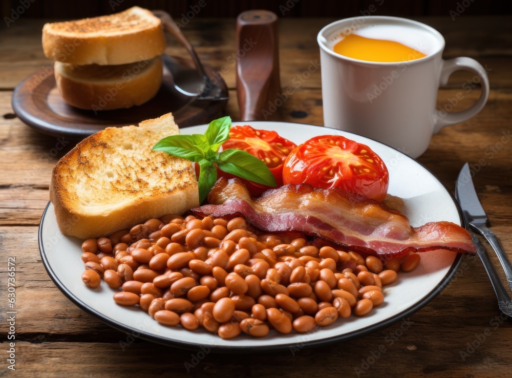 English breakfast with eggs, bacon and beans