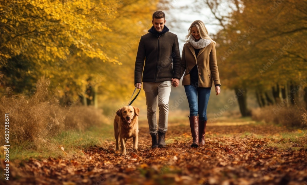 Happy family in part with dog