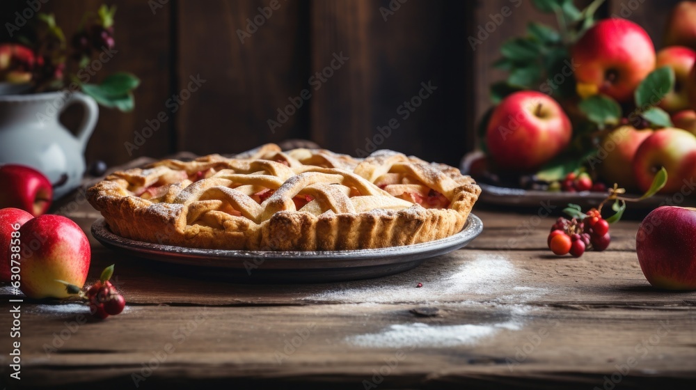 Apple pie in rustic background