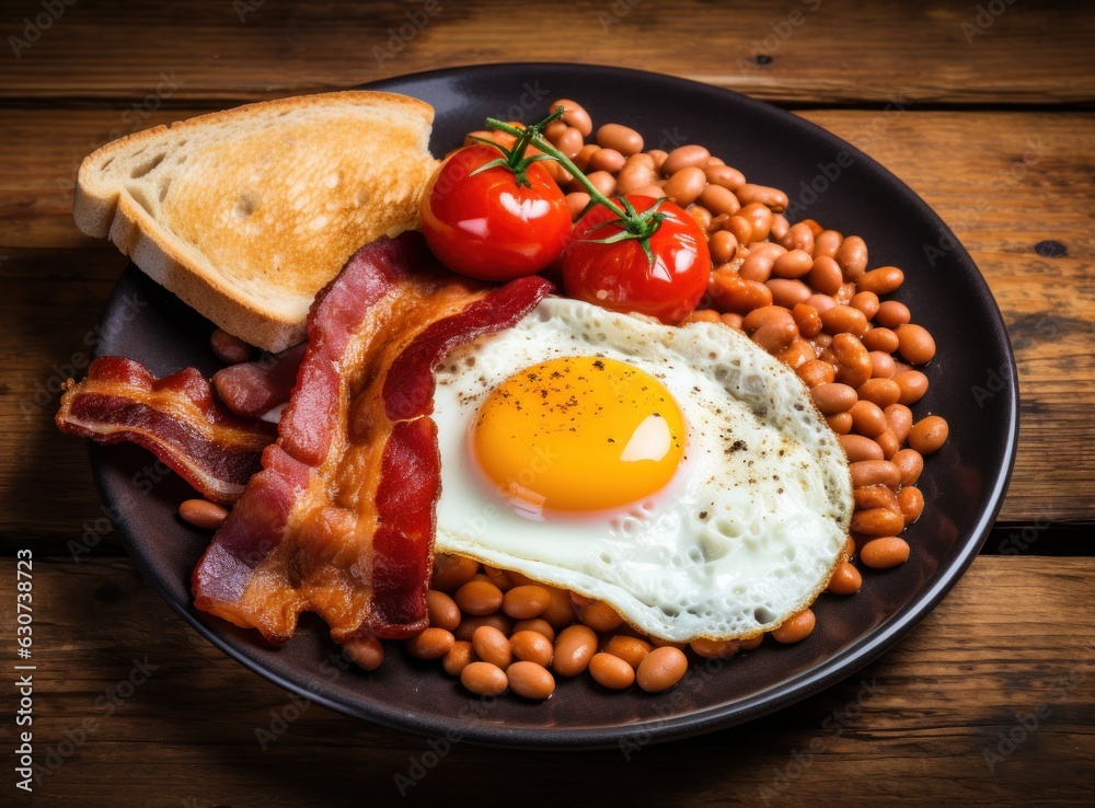 English breakfast with eggs, bacon and beans