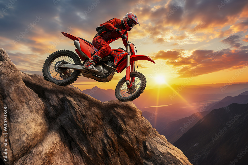 Dirt bike rider doing a big jump. Supercross, motocross, high speed. Sport concept. 