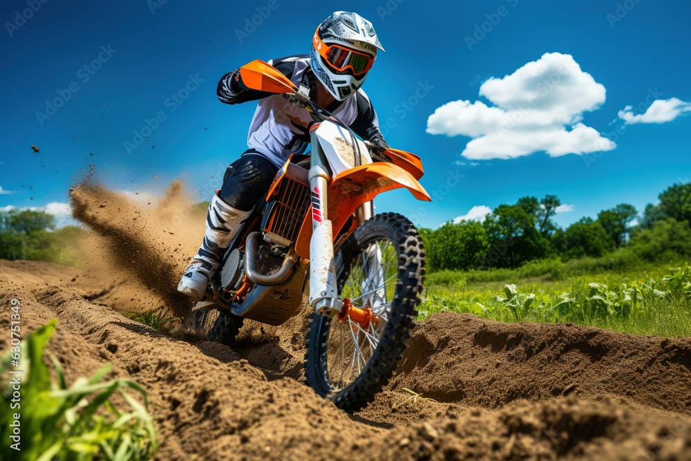 Dirt bike rider doing a big jump. Supercross, motocross, high speed. Sport concept. 