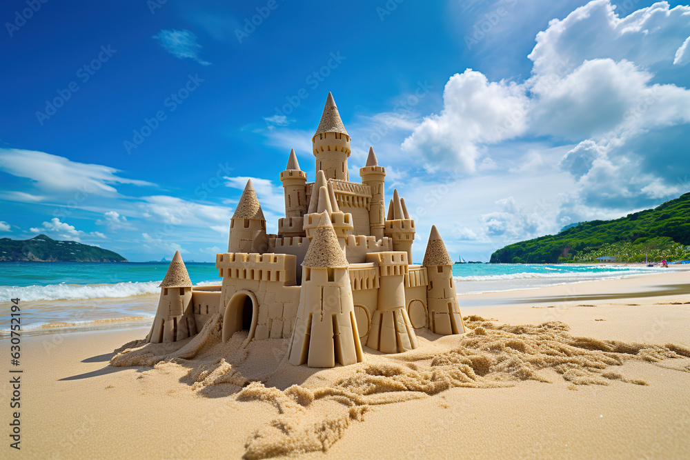 Sandcastle on the beach. Beautiful natural summer vacation holidays background. Travel tourism   bac