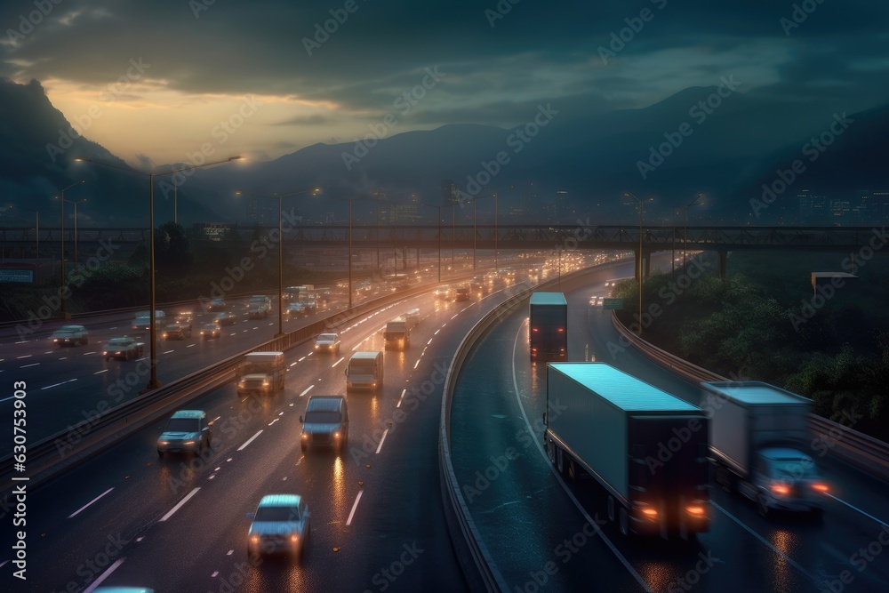 Trucks on the highway. Transportation theme. Road cars theme. Generative AI