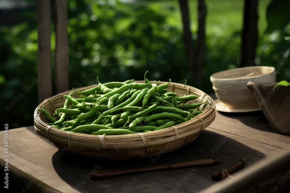 Green beans in a basket. Generative AI