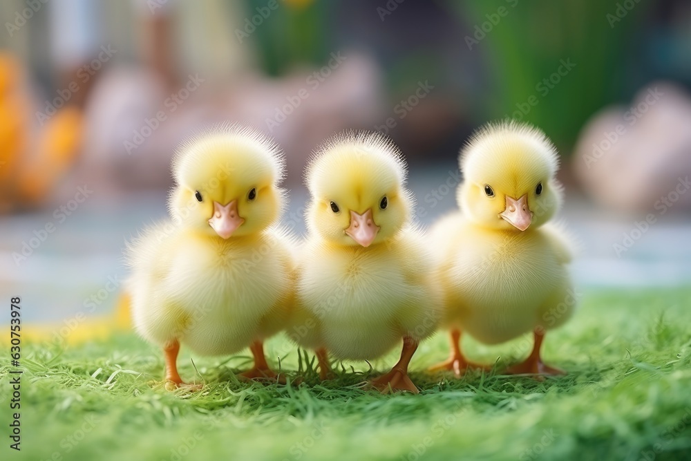 Cute fluffy duckling on green grass outdoors. Generative AI