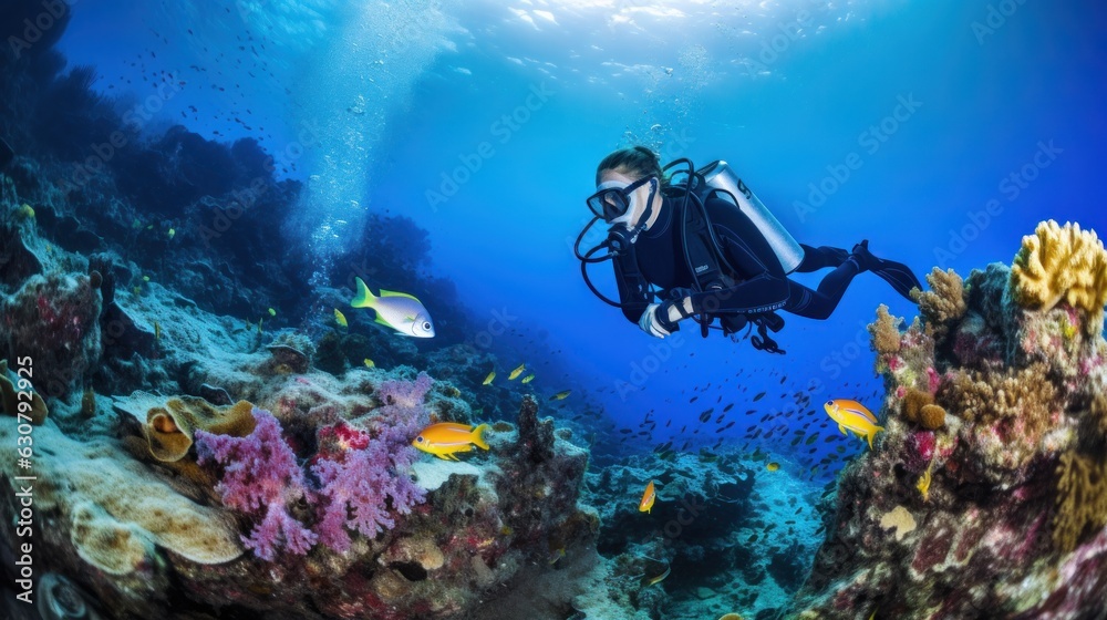 Scuba diver with coral reef