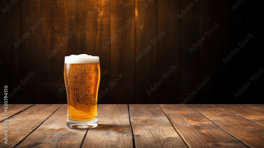 Cold beer glass on wooden background