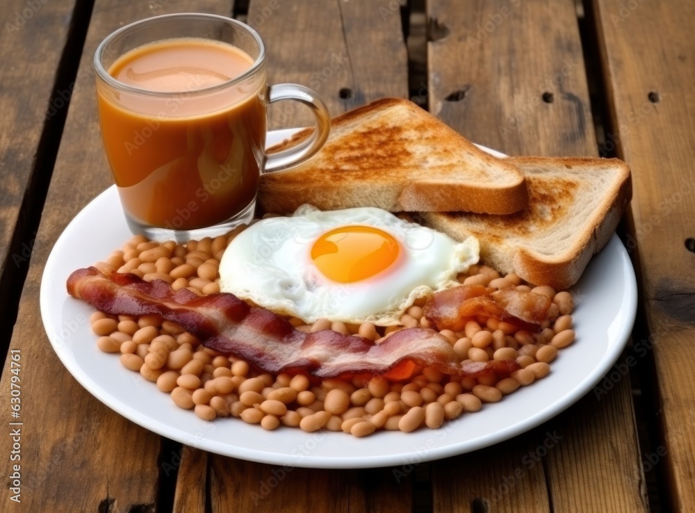 English breakfast with eggs, bacon and beans