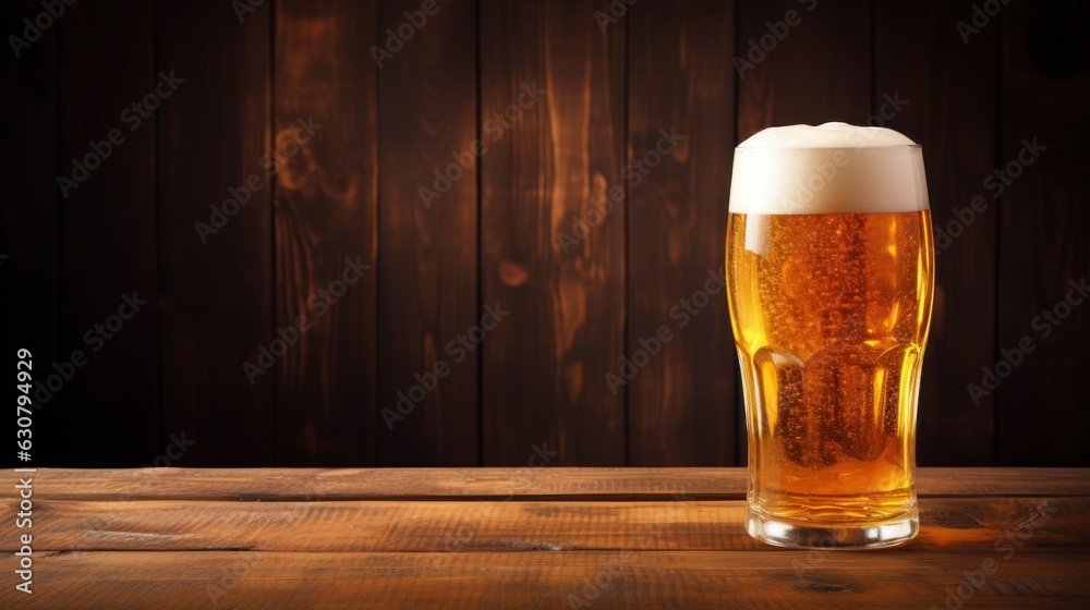 Cold beer glass on wooden background