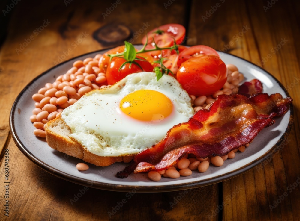 English breakfast with eggs, bacon and beans