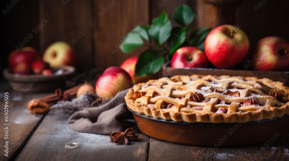 Apple pie in rustic background