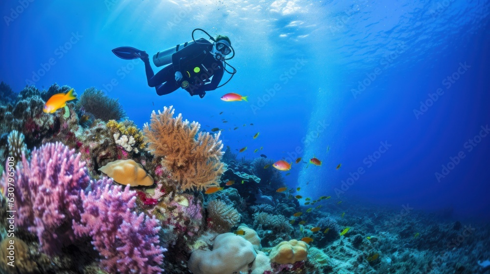 Scuba diver with coral reef