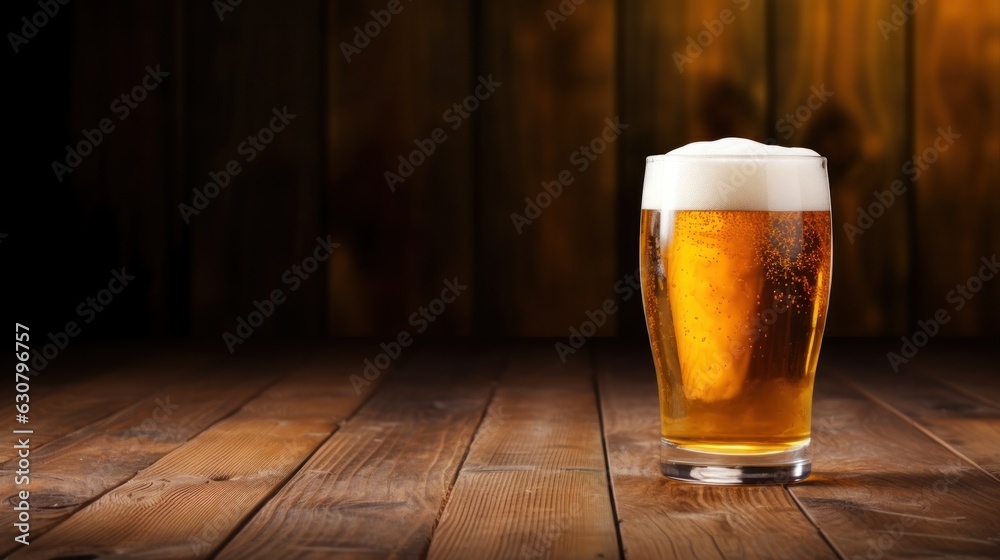 Cold beer glass on wooden background