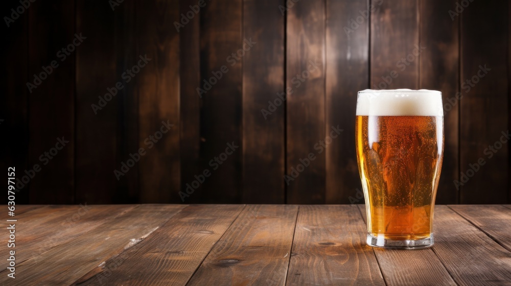 Cold beer glass on wooden background