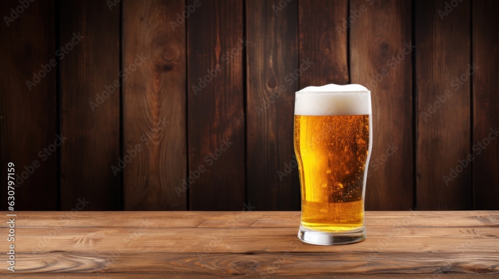 Cold beer glass on wooden background