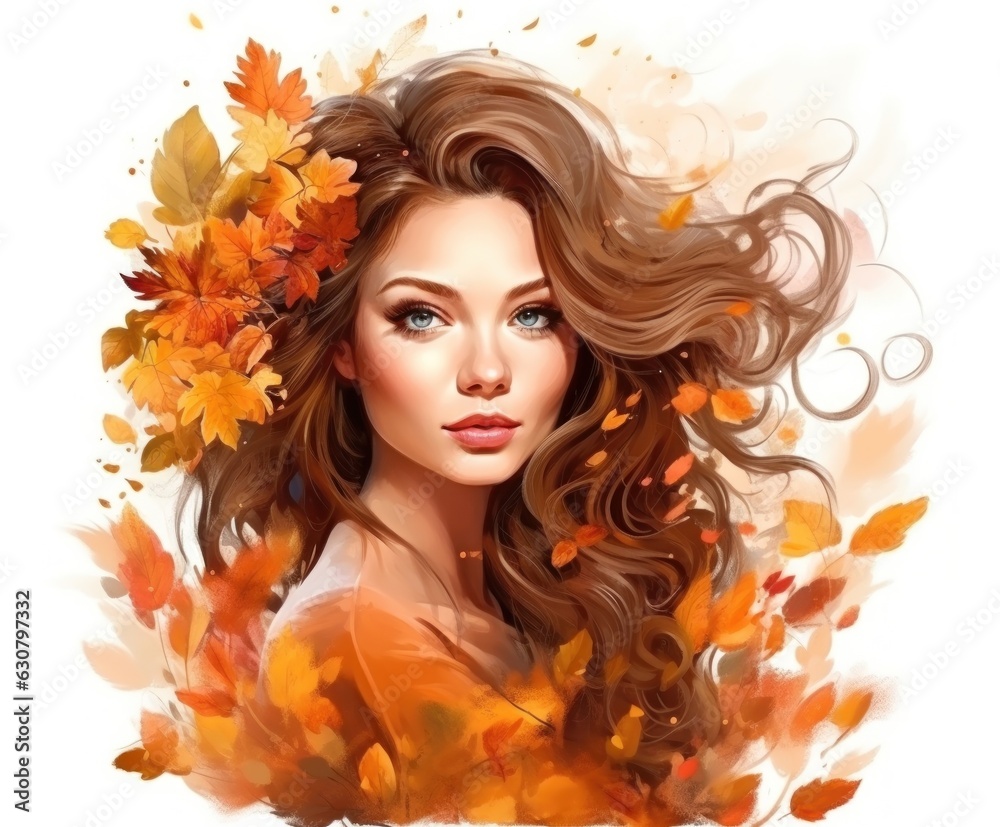 Autumn girl with falling leaves