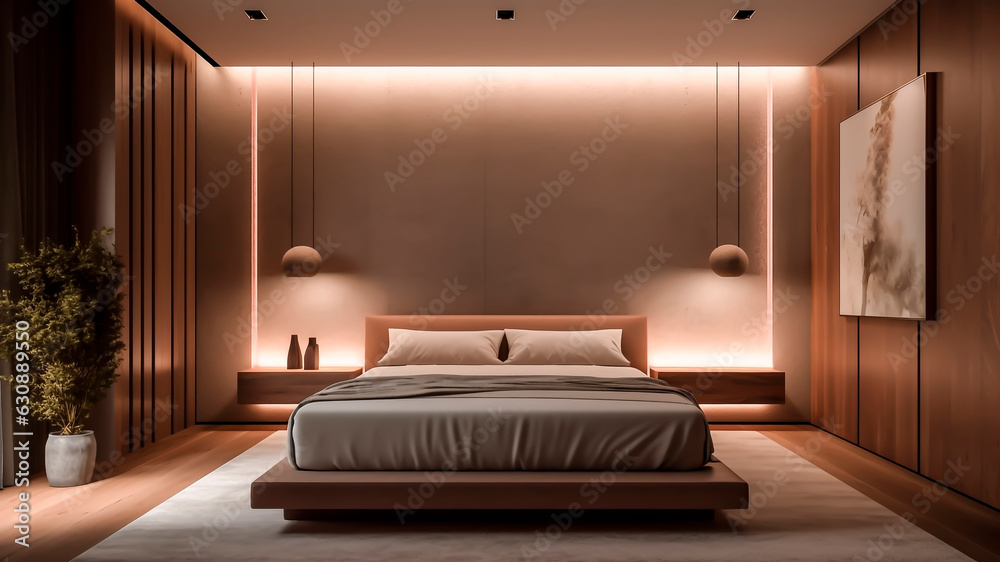 A interior of a modern bedroom with lights embedded.