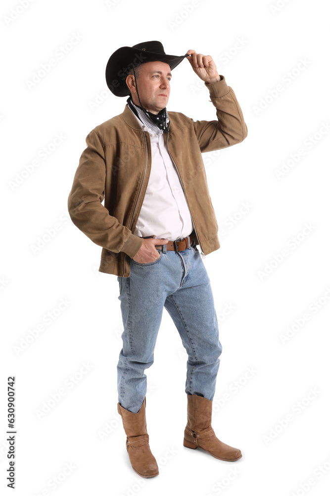 Mature cowboy on white background