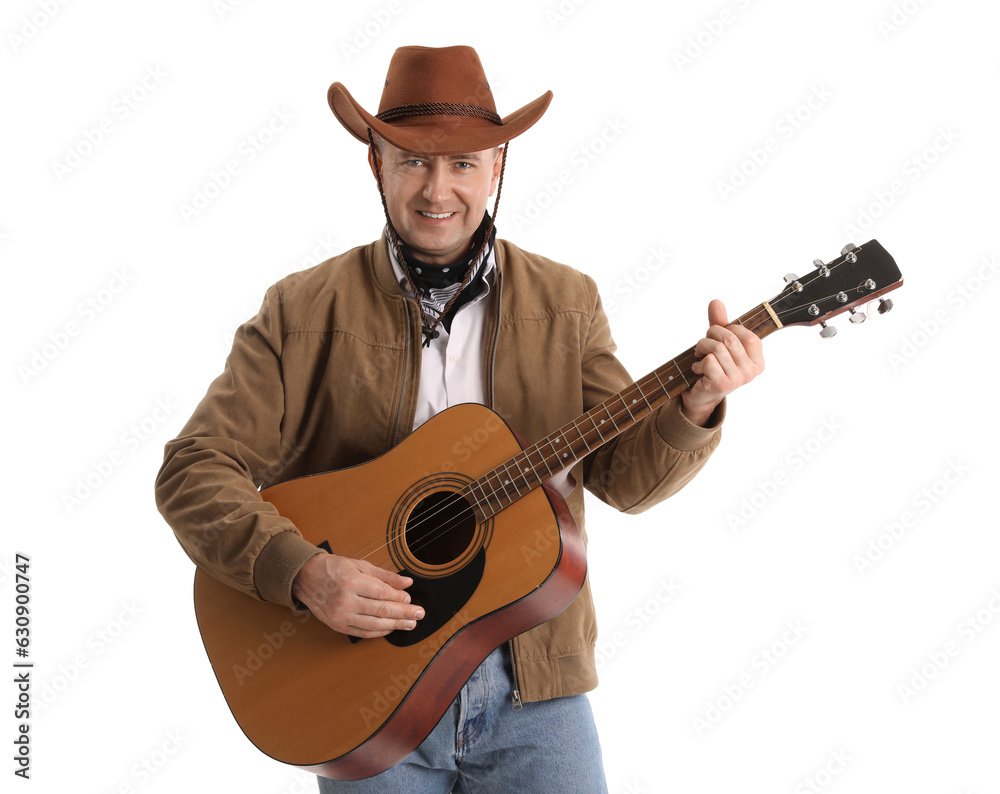 Mature cowboy playing guitar on white background