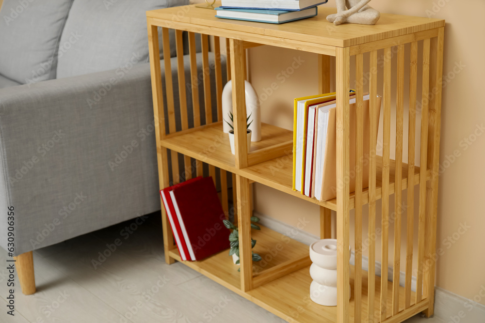 Wooden bookshelf with decor in living room