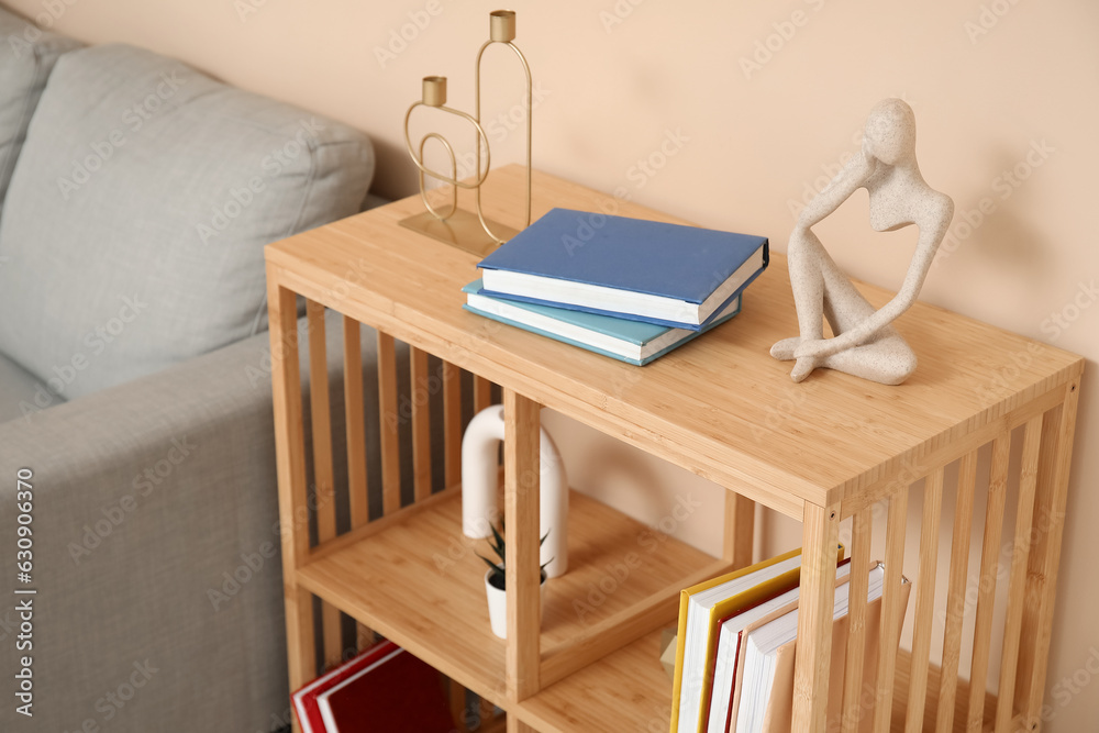 Wooden bookshelf with decor in living room