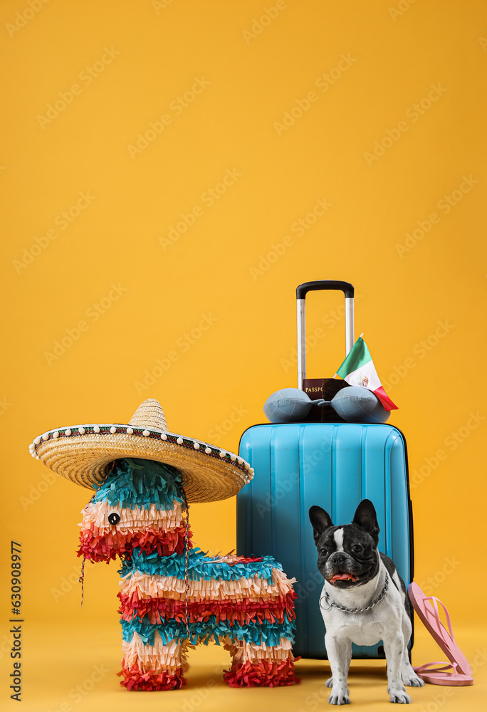 French bulldog with beach accessories, suitcase and Mexican pinata on yellow background